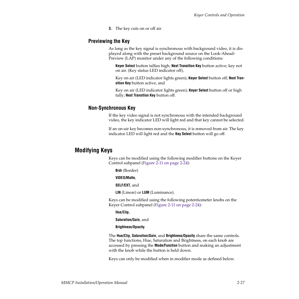 Previewing the key, Non-synchronous key, Modifying keys | Grass Valley M-2100 User Manual | Page 51 / 84