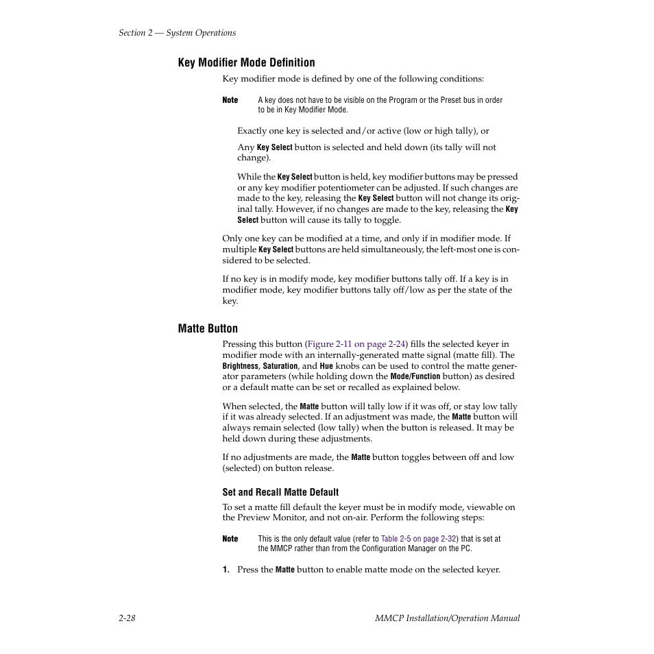 Key modifier mode definition, Matte button | Grass Valley M-2100 User Manual | Page 52 / 84