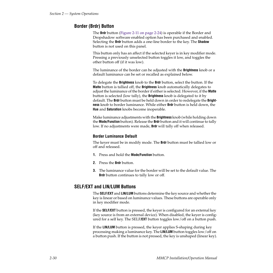 Border (brdr) button, Self/ext and lin/lum buttons | Grass Valley M-2100 User Manual | Page 54 / 84