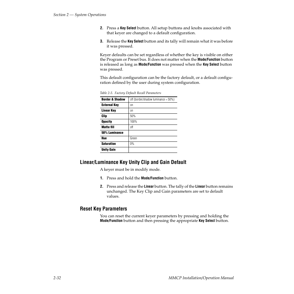 Linear/luminance key unity clip and gain default, Reset key parameters | Grass Valley M-2100 User Manual | Page 56 / 84