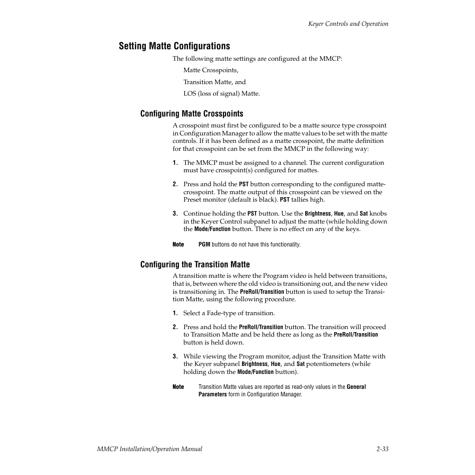 Setting matte configurations, Configuring matte crosspoints, Configuring the transition matte | Grass Valley M-2100 User Manual | Page 57 / 84