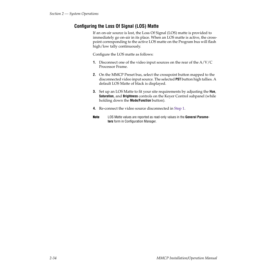 Configuring the loss of signal (los) matte | Grass Valley M-2100 User Manual | Page 58 / 84