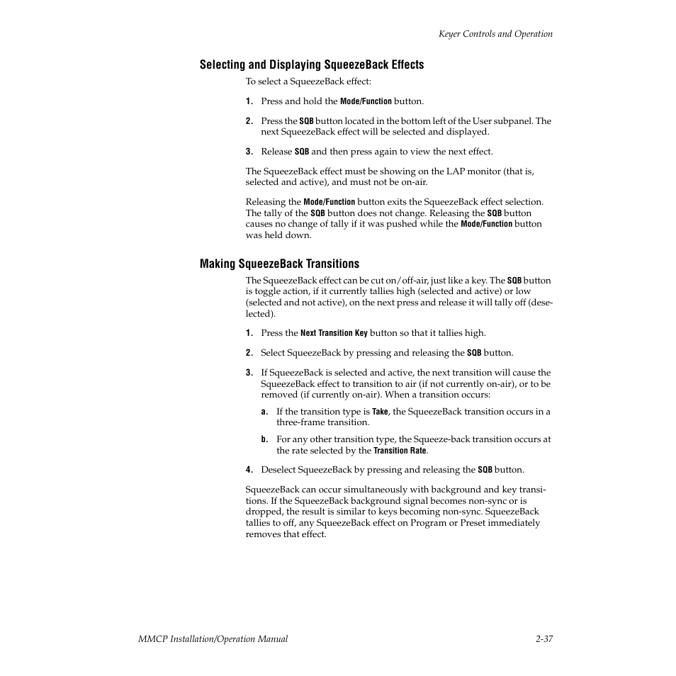 Selecting and displaying squeezeback effects, Making squeezeback transitions | Grass Valley M-2100 User Manual | Page 61 / 84