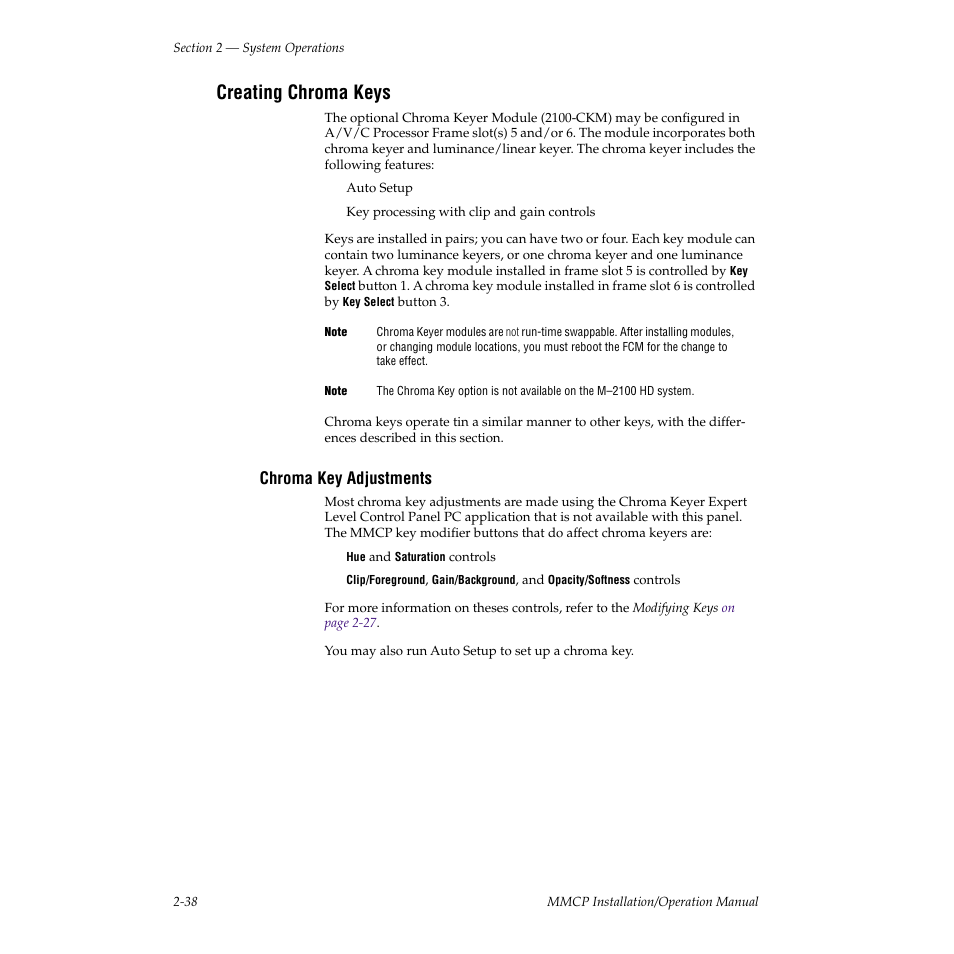 Creating chroma keys, Chroma key adjustments | Grass Valley M-2100 User Manual | Page 62 / 84