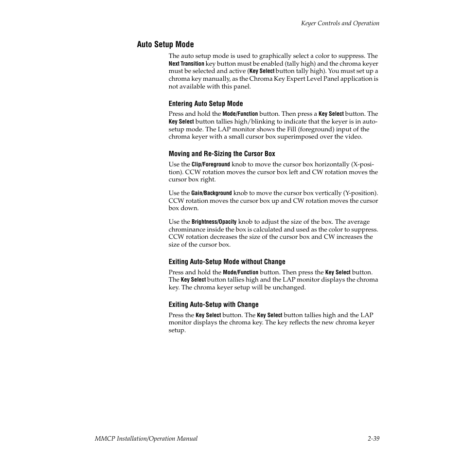 Auto setup mode | Grass Valley M-2100 User Manual | Page 63 / 84
