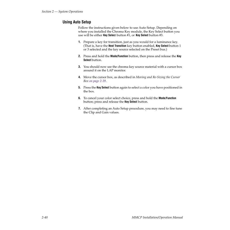 Using auto setup | Grass Valley M-2100 User Manual | Page 64 / 84