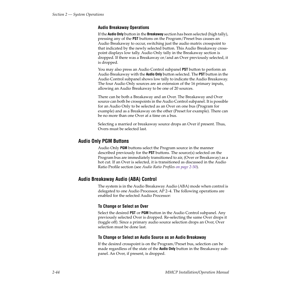 Audio only pgm buttons, Audio breakaway audio (aba) control | Grass Valley M-2100 User Manual | Page 68 / 84