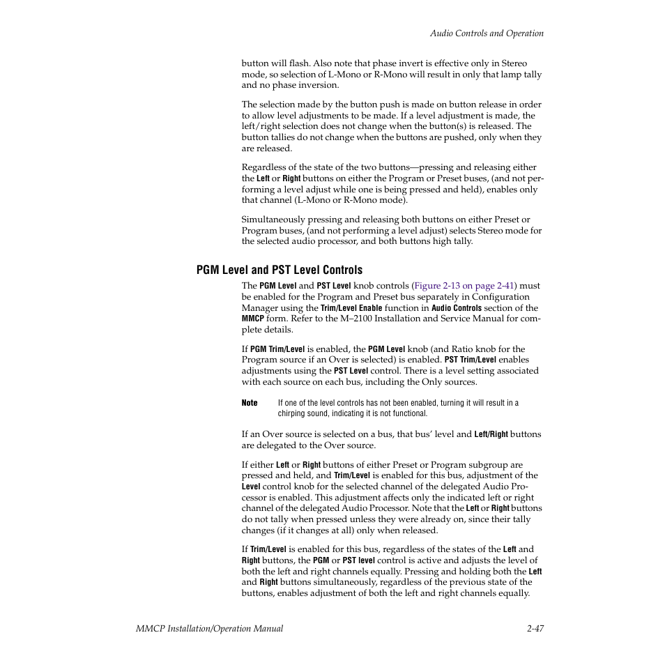 Pgm level and pst level controls | Grass Valley M-2100 User Manual | Page 71 / 84