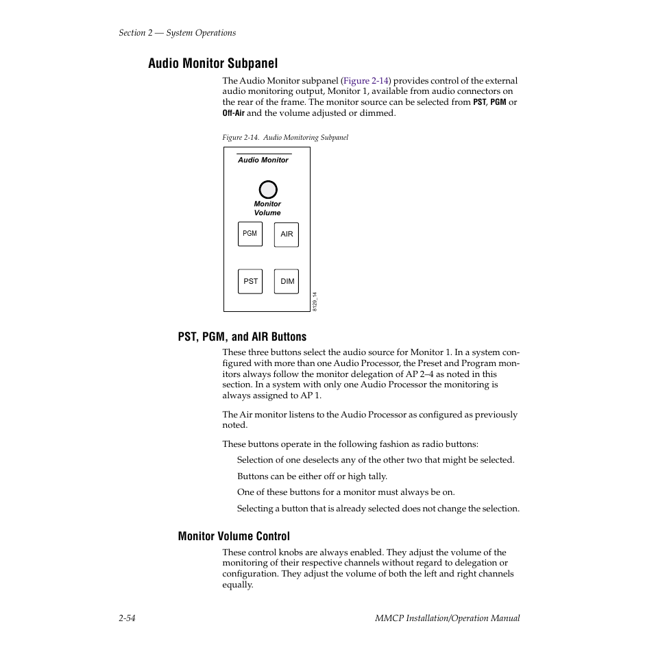 Audio monitor subpanel, Pst, pgm, and air buttons, Monitor volume control | Grass Valley M-2100 User Manual | Page 78 / 84