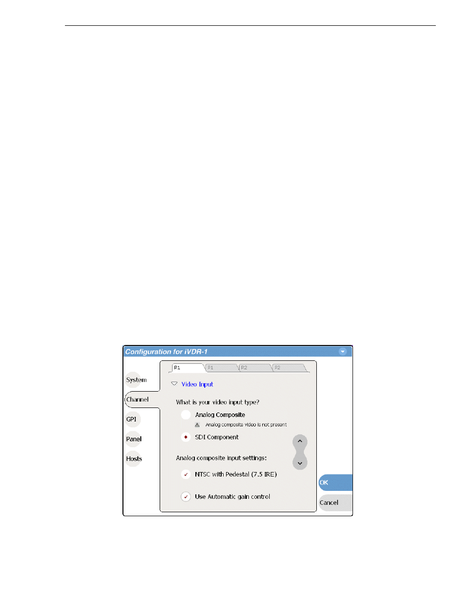 Record channel settings, Configuring the video input, Selecting the video input type | Grass Valley M-Series iVDR User Manual v.2.0.10 User Manual | Page 107 / 324