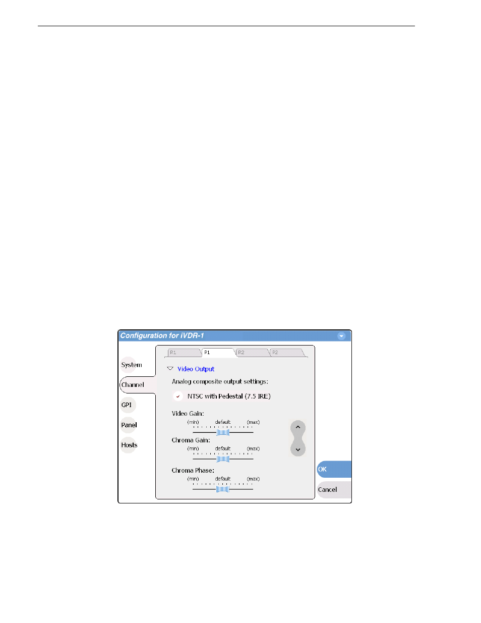 Play channel settings, Adjusting video output, Adjusting analog composite output levels | Adjusting analog composite output levels” on | Grass Valley M-Series iVDR User Manual v.2.0.10 User Manual | Page 114 / 324
