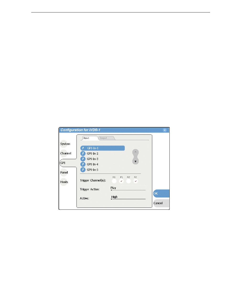 Configuring gpi inputs/outputs, Configuring gpi inputs | Grass Valley M-Series iVDR User Manual v.2.0.10 User Manual | Page 121 / 324