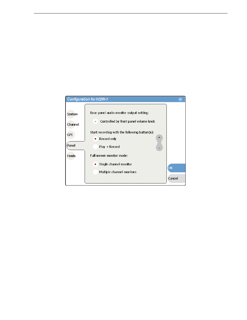 Enabling rear panel audio monitor volume control, Setting start record button sequence | Grass Valley M-Series iVDR User Manual v.2.0.10 User Manual | Page 127 / 324