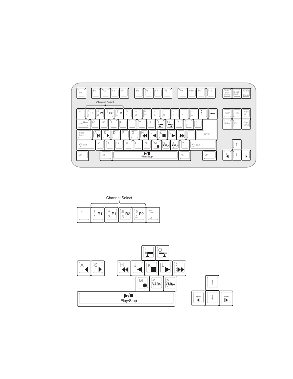 Using keyboard shortcuts, Channel select, Basic transport controls | Ha s, Io m | Grass Valley M-Series iVDR User Manual v.2.0.10 User Manual | Page 79 / 324