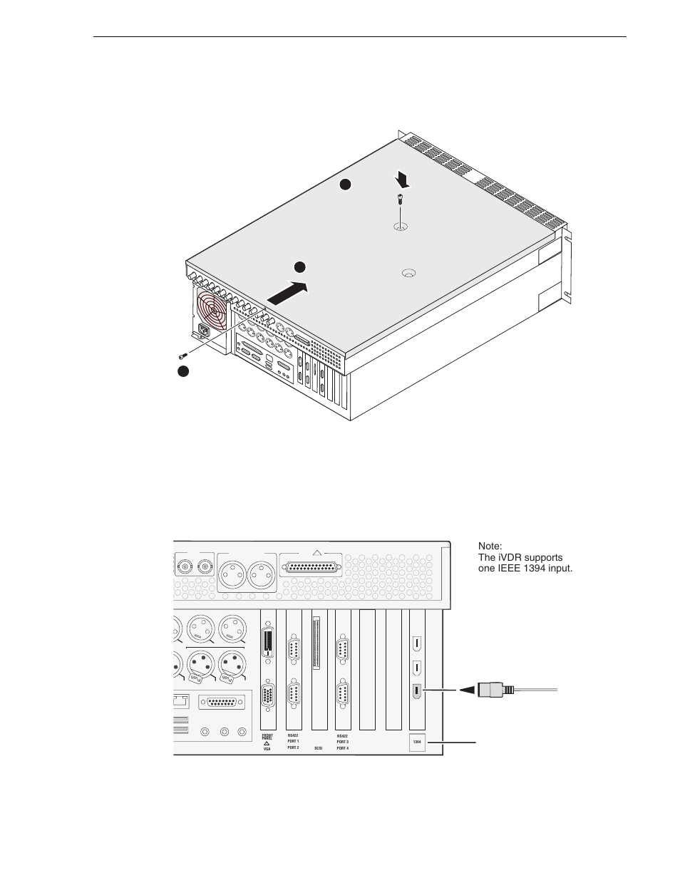 Replace the top cover, Connect cabling and apply label, 1394a input apply label | Grass Valley M-Series iVDR Upgrade Kit Installation User Manual | Page 23 / 50