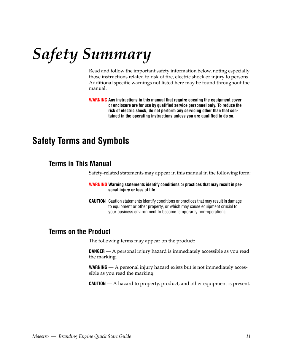 Safety summary, Safety terms and symbols, Terms in this manual | Terms on the product | Grass Valley Maestro Master Control Branding Engine v.1.6.0 User Manual | Page 11 / 78