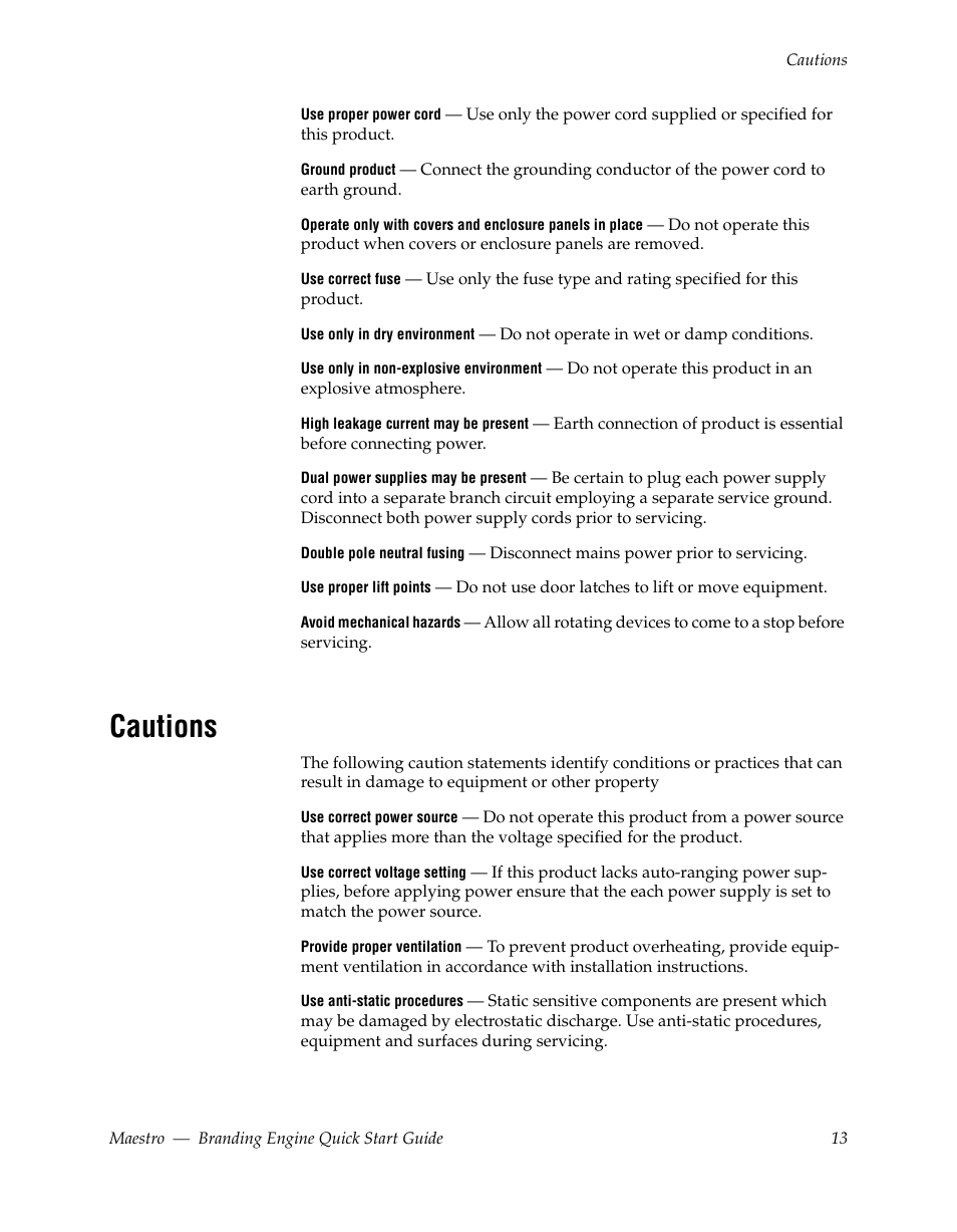 Cautions | Grass Valley Maestro Master Control Branding Engine v.1.6.0 User Manual | Page 13 / 78