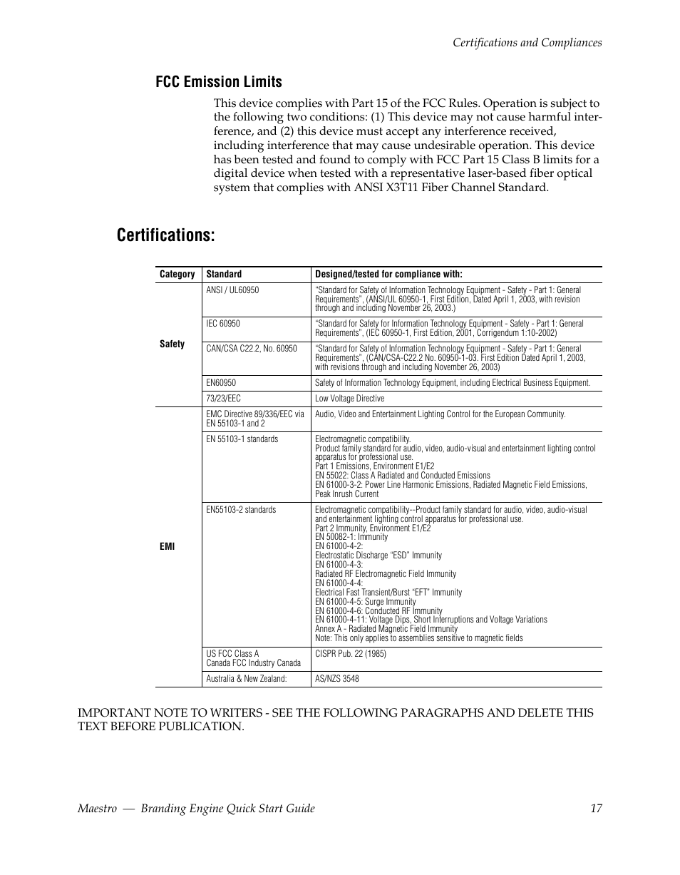 Fcc emission limits, Certifications | Grass Valley Maestro Master Control Branding Engine v.1.6.0 User Manual | Page 17 / 78