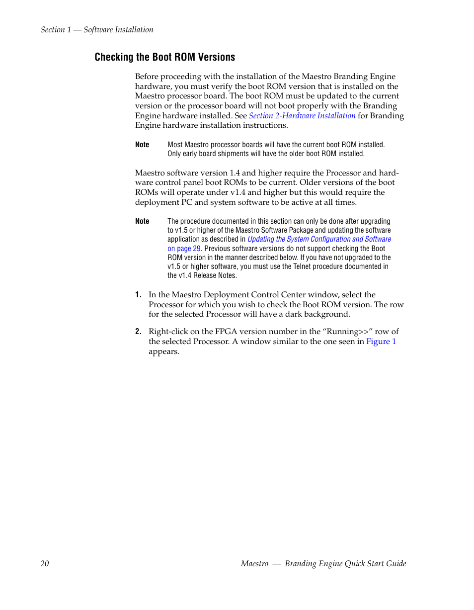 Checking the boot rom versions, Checking | Grass Valley Maestro Master Control Branding Engine v.1.6.0 User Manual | Page 20 / 78