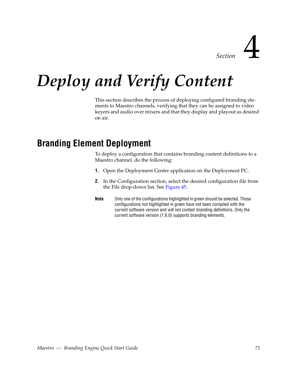 Deploy and verify content, Branding element deployment, Section 4 — deploy and verify content | D to, Section 4-deploy and verify content | Grass Valley Maestro Master Control Branding Engine v.1.6.0 User Manual | Page 71 / 78