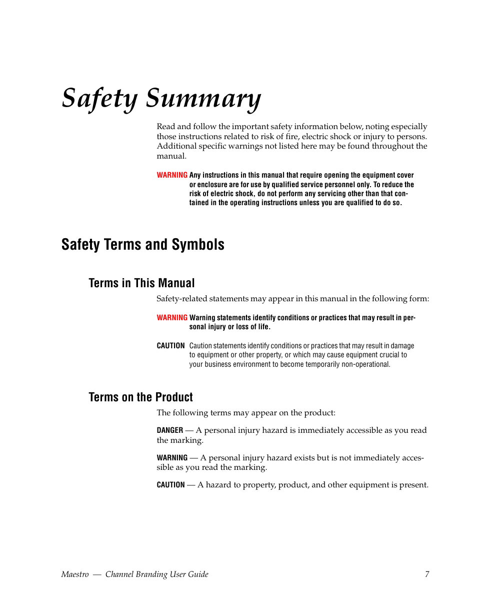 Safety summary, Safety terms and symbols, Terms in this manual | Terms on the product | Grass Valley Maestro Master Control v.1.7 User Manual | Page 11 / 234