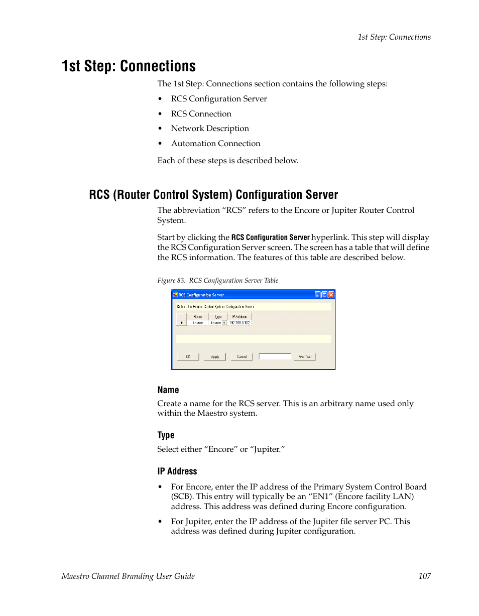 1st step: connections, Rcs (router control system) configuration server | Grass Valley Maestro Master Control v.1.7 User Manual | Page 111 / 234