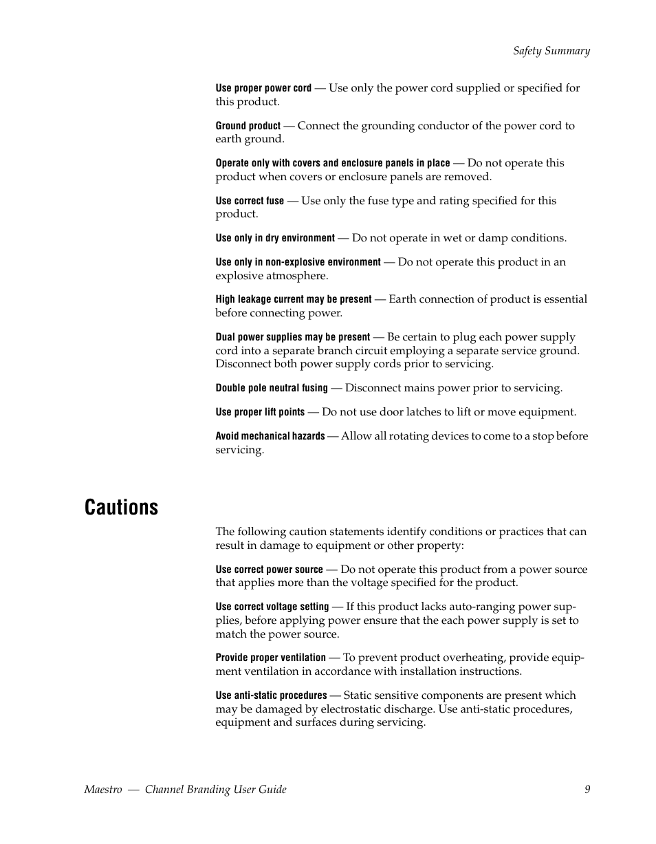 Cautions | Grass Valley Maestro Master Control v.1.7 User Manual | Page 13 / 234