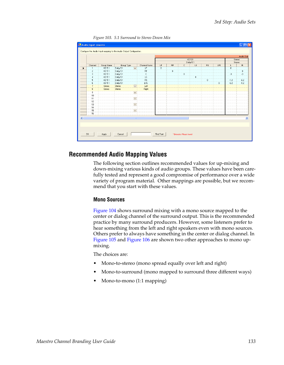 Recommended audio mapping values | Grass Valley Maestro Master Control v.1.7 User Manual | Page 137 / 234