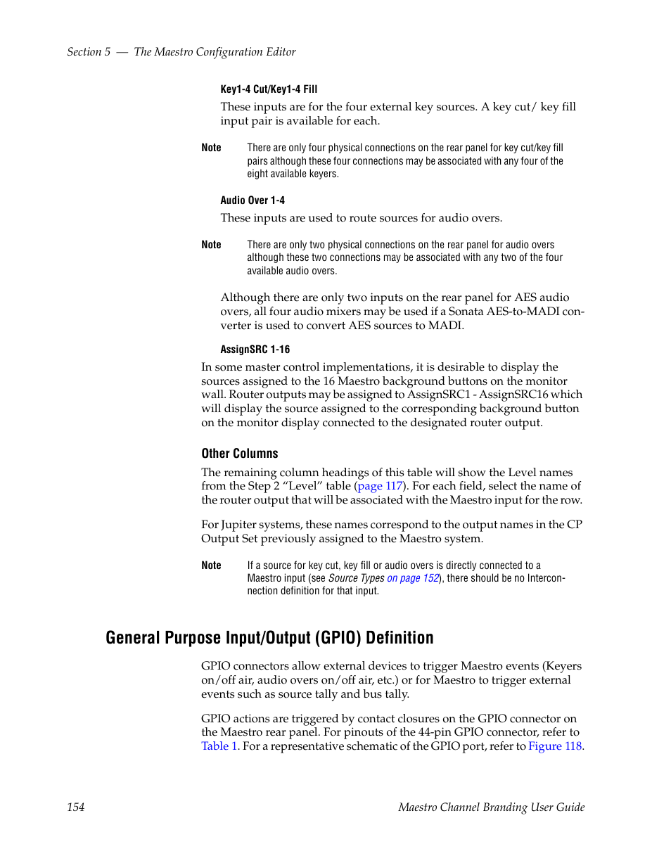 General purpose input/output (gpio) definition | Grass Valley Maestro Master Control v.1.7 User Manual | Page 158 / 234