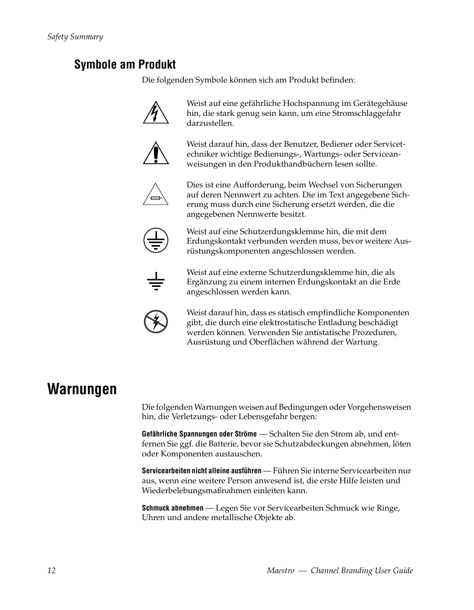 Warnungen, Symbole am produkt | Grass Valley Maestro Master Control v.1.7 User Manual | Page 16 / 234
