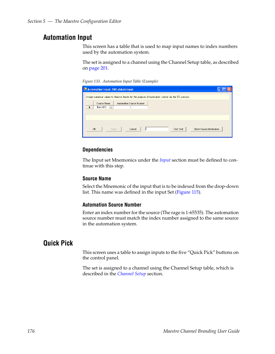 Automation input, Quick pick | Grass Valley Maestro Master Control v.1.7 User Manual | Page 180 / 234