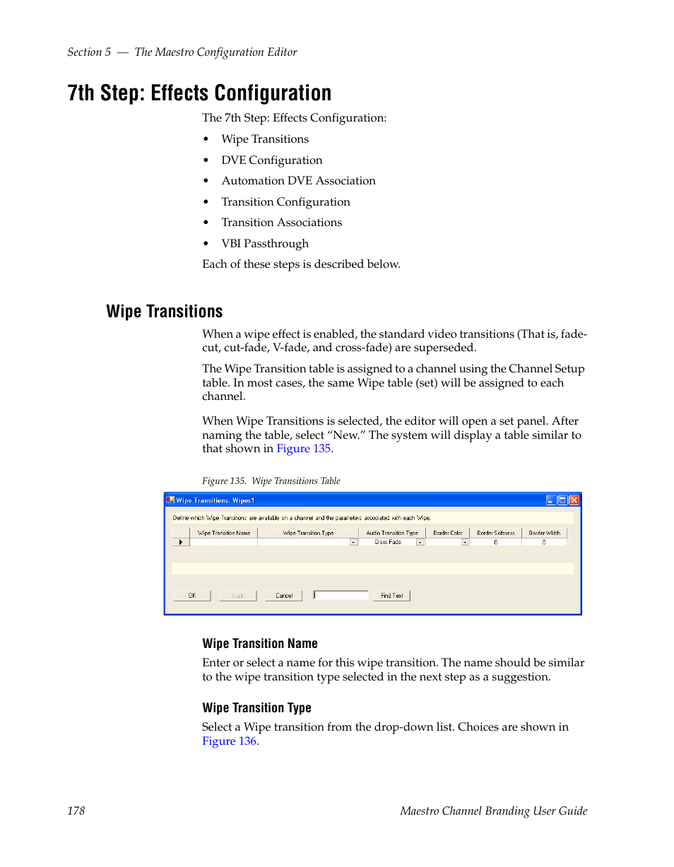 7th step: effects configuration, Wipe transitions | Grass Valley Maestro Master Control v.1.7 User Manual | Page 182 / 234