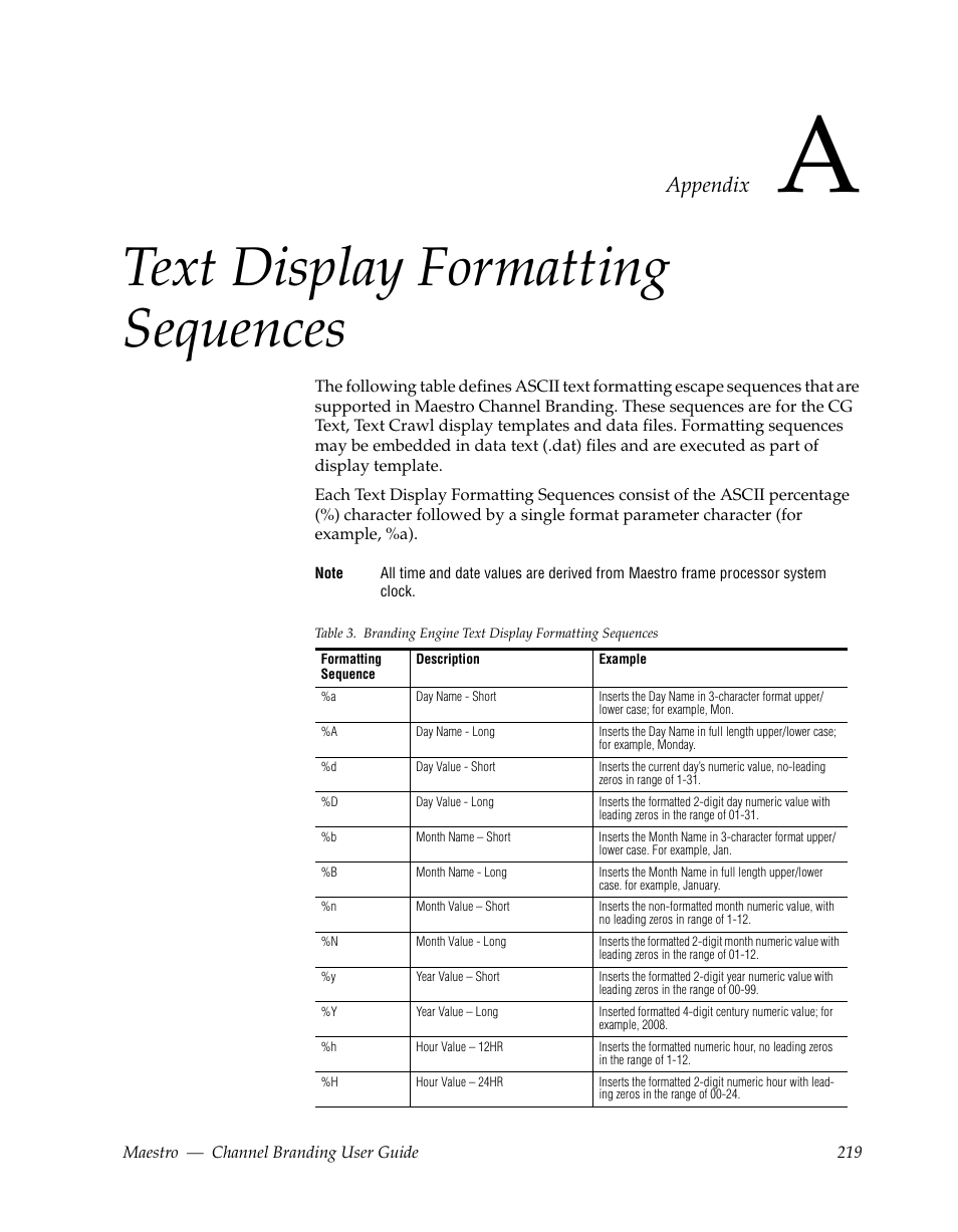 Text display formatting sequences, Section a — text display formatting sequences, Appendix | Grass Valley Maestro Master Control v.1.7 User Manual | Page 223 / 234