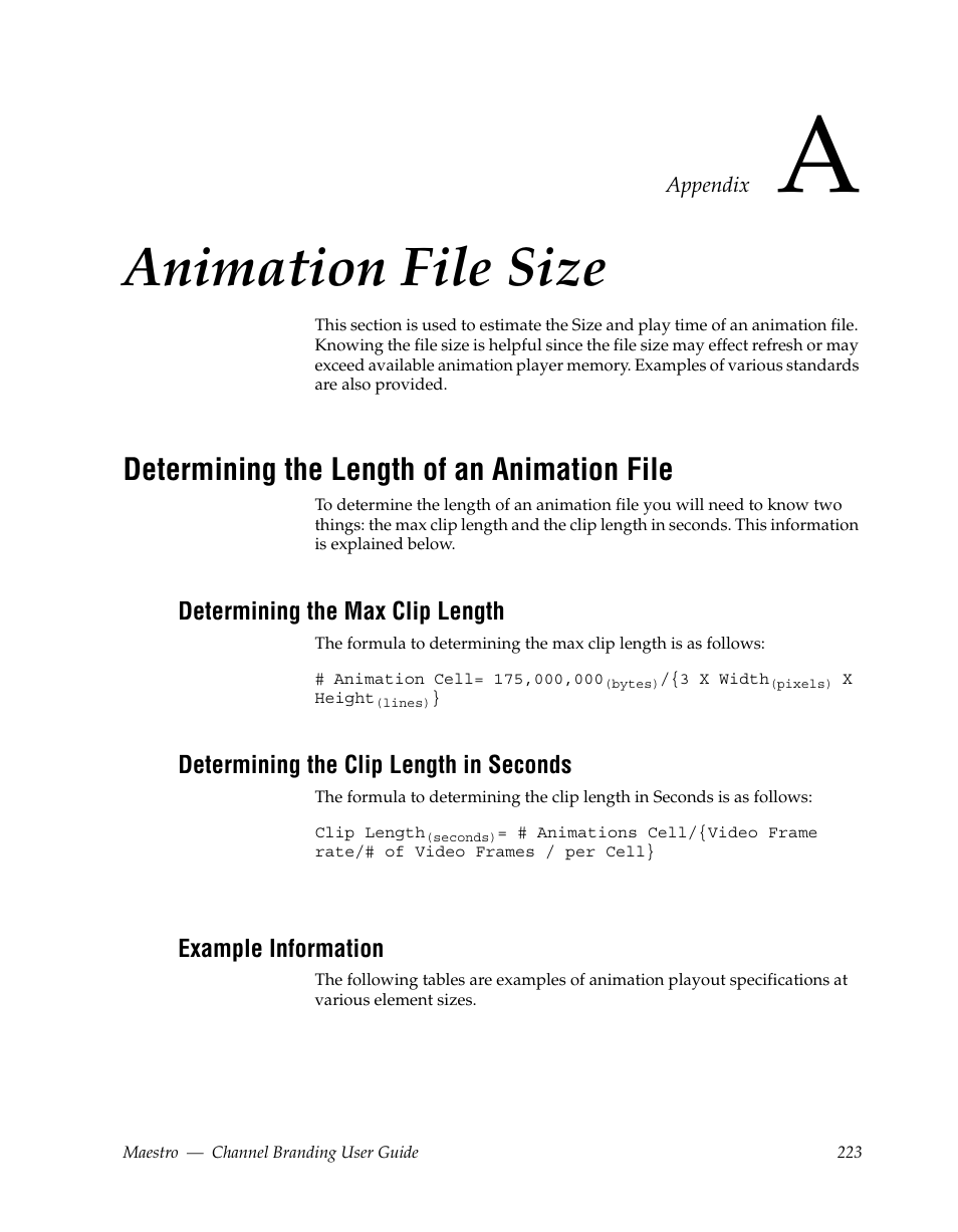 Animation file size, Determining the length of an animation file, Determining the max clip length | Determining the clip length in seconds, Example information | Grass Valley Maestro Master Control v.1.7 User Manual | Page 227 / 234