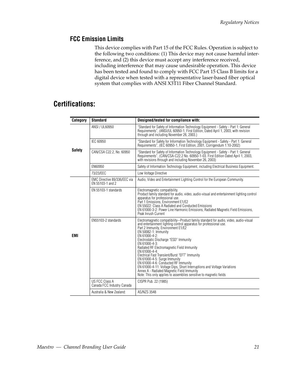Fcc emission limits, Certifications | Grass Valley Maestro Master Control v.1.7 User Manual | Page 25 / 234