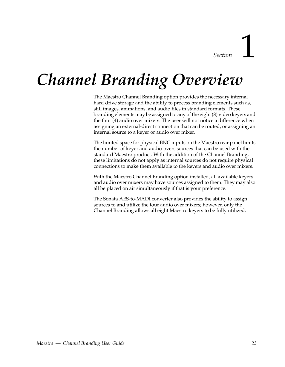 Channel branding overview, Section 1 — channel branding overview | Grass Valley Maestro Master Control v.1.7 User Manual | Page 27 / 234
