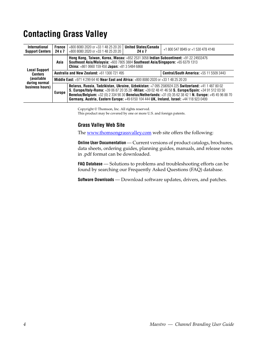 Contacting grass valley | Grass Valley Maestro Master Control v.1.7 User Manual | Page 4 / 234