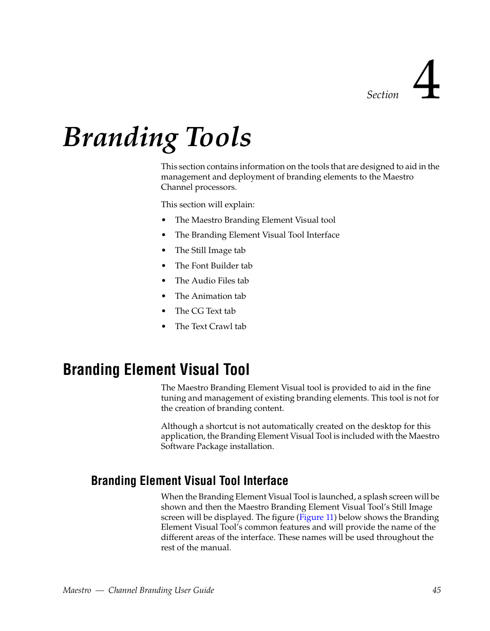 Branding tools, Branding element visual tool, Branding element visual tool interface | Section 4 — branding tools | Grass Valley Maestro Master Control v.1.7 User Manual | Page 49 / 234