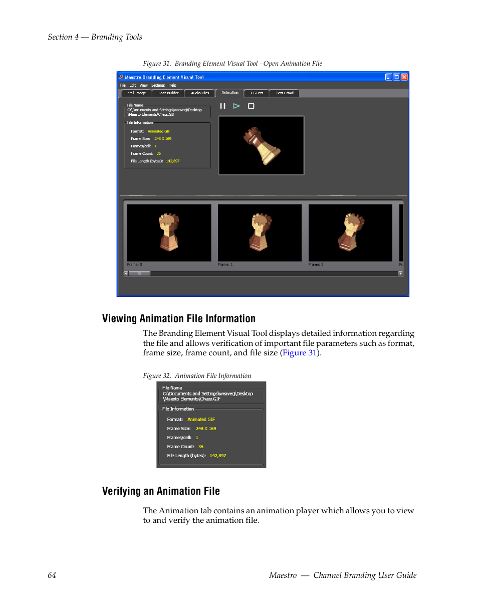 Viewing animation file information, Verifying an animation file | Grass Valley Maestro Master Control v.1.7 User Manual | Page 68 / 234