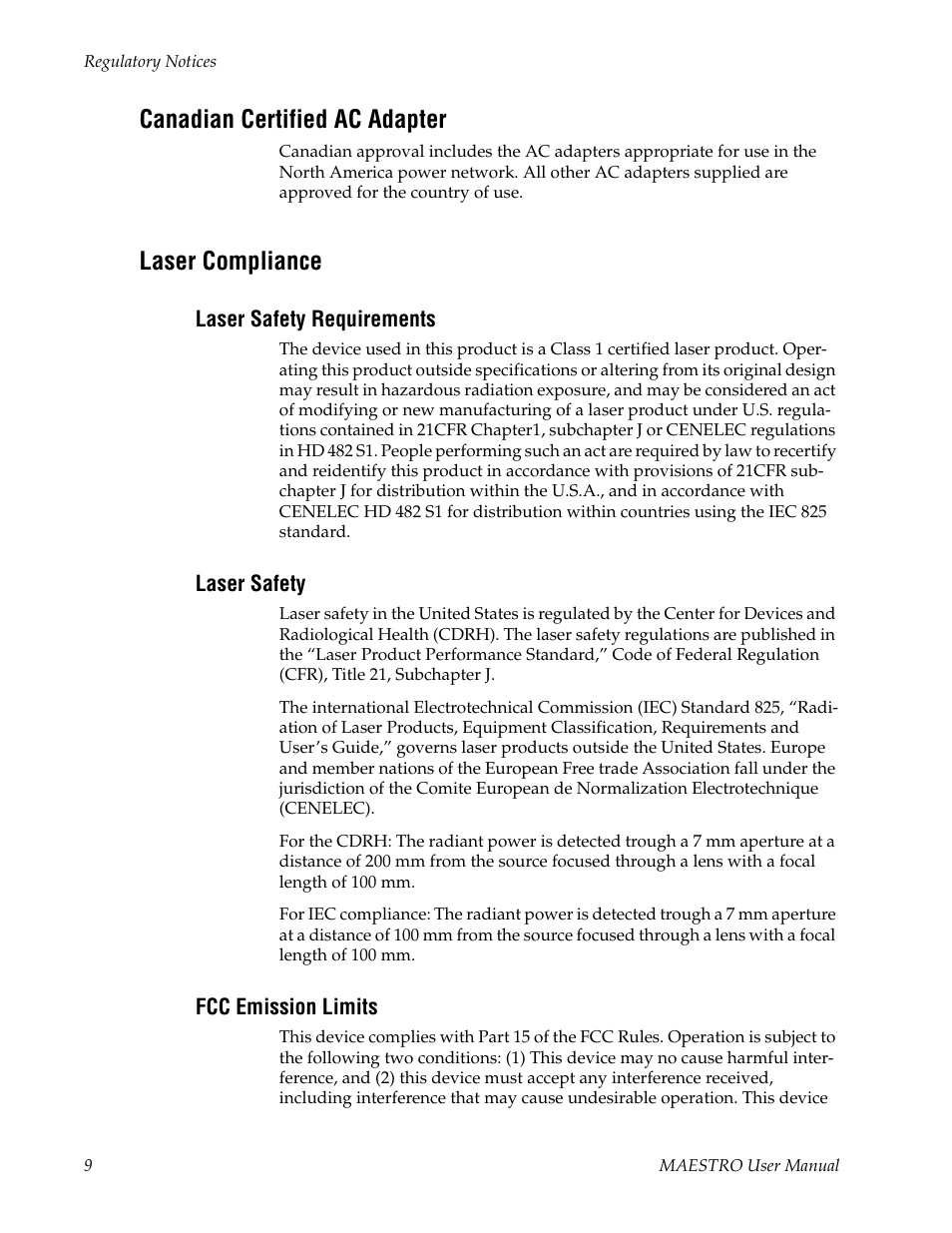 Canadian certified ac adapter, Laser compliance, Laser safety requirements | Laser safety, Fcc emission limits | Grass Valley Maestro Master Control v.2.4.0 User Manual | Page 13 / 455