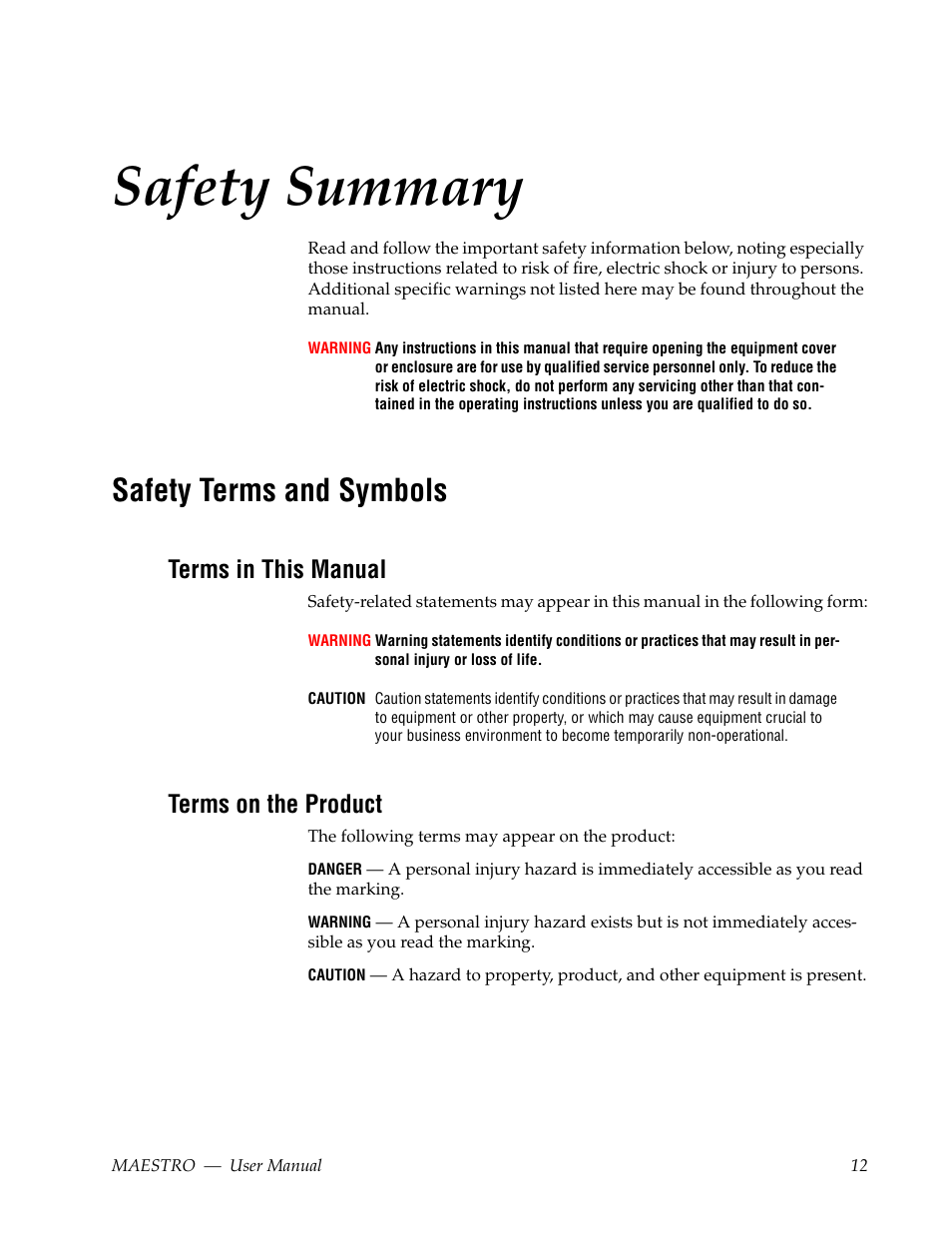 Safety summary, Safety terms and symbols, Terms in this manual | Terms on the product | Grass Valley Maestro Master Control v.2.4.0 User Manual | Page 16 / 455