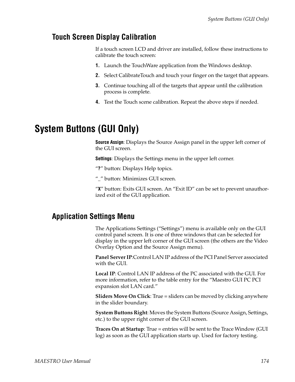 Touch screen display calibration, System buttons (gui only), Application settings menu | Grass Valley Maestro Master Control v.2.4.0 User Manual | Page 178 / 455