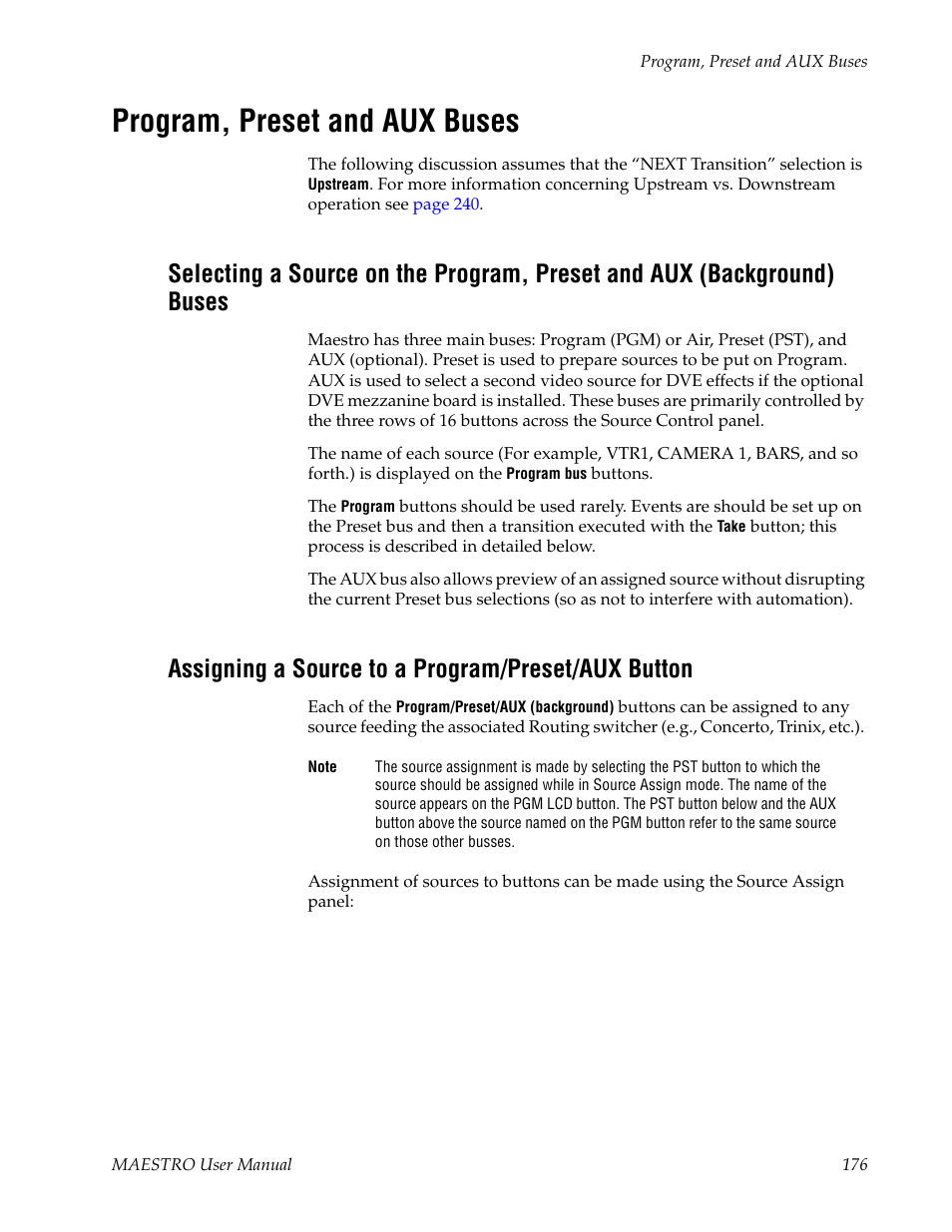 Program, preset and aux buses, Assigning a source to a program/preset/aux button | Grass Valley Maestro Master Control v.2.4.0 User Manual | Page 180 / 455