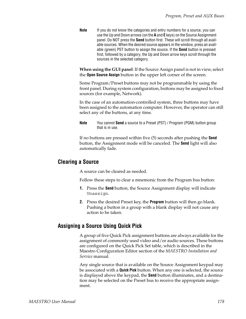 Clearing a source, Assigning a source using quick pick | Grass Valley Maestro Master Control v.2.4.0 User Manual | Page 182 / 455