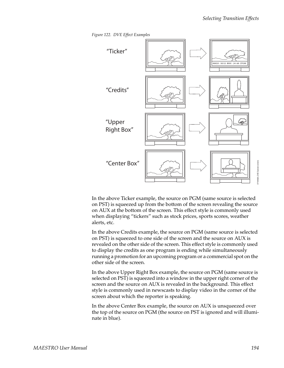 Ticker” “credits” “upper right box” “center box | Grass Valley Maestro Master Control v.2.4.0 User Manual | Page 198 / 455