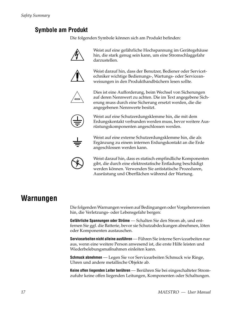 Warnungen, Symbole am produkt | Grass Valley Maestro Master Control v.2.4.0 User Manual | Page 21 / 455