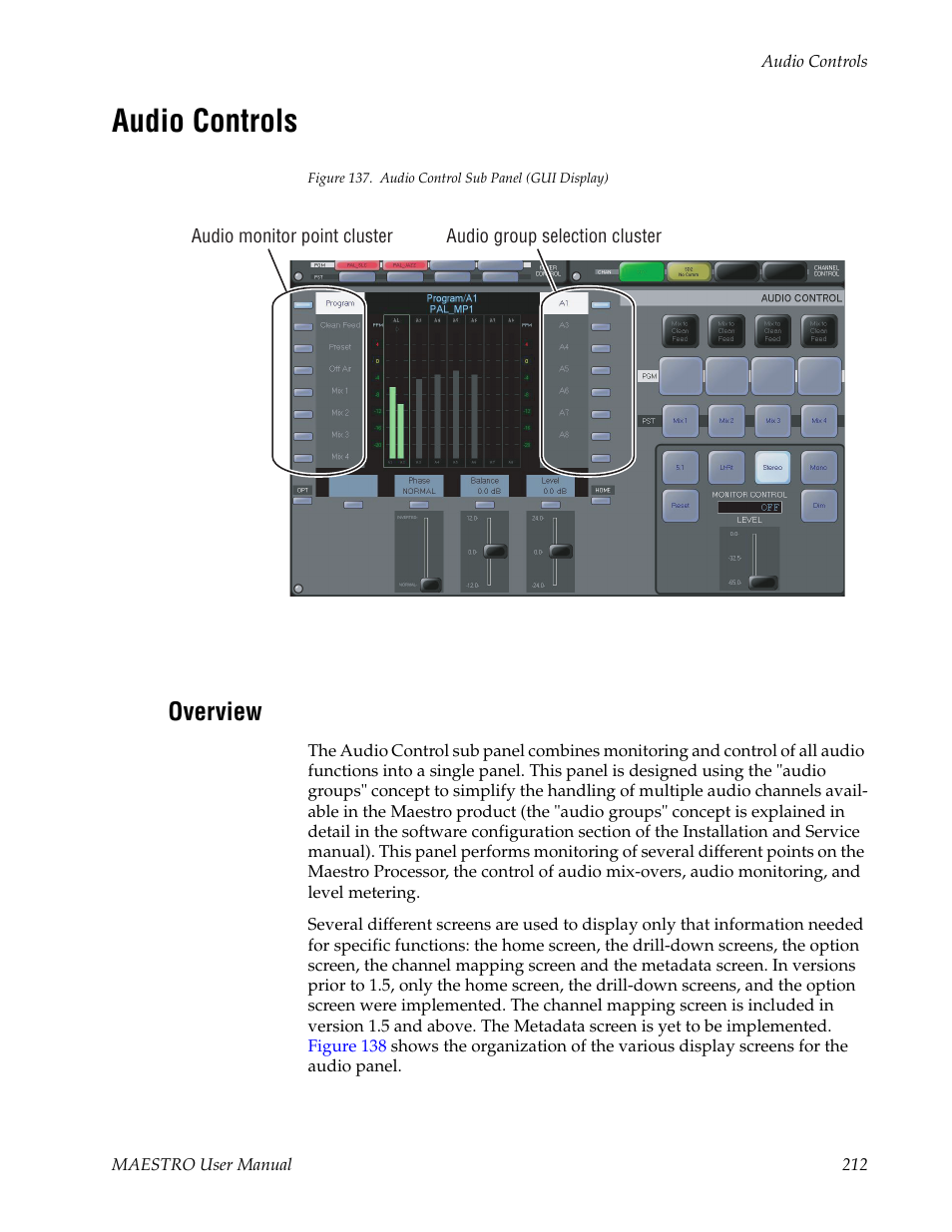 Audio controls, Overview | Grass Valley Maestro Master Control v.2.4.0 User Manual | Page 216 / 455