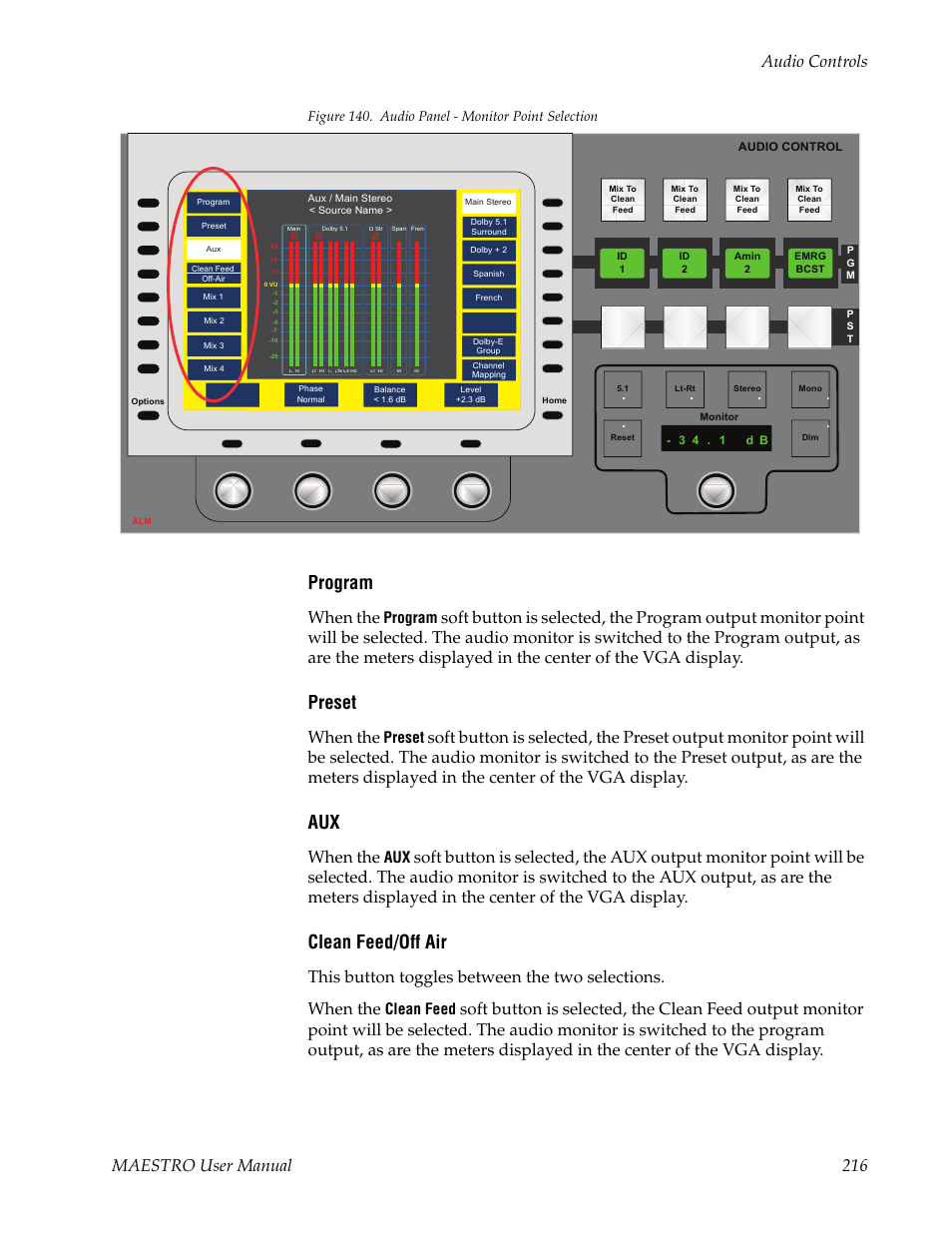 Program, Preset, Clean feed/off air | Maestro user manual 216 audio controls, When the, Clean feed, Figure 140. audio panel - monitor point selection | Grass Valley Maestro Master Control v.2.4.0 User Manual | Page 220 / 455