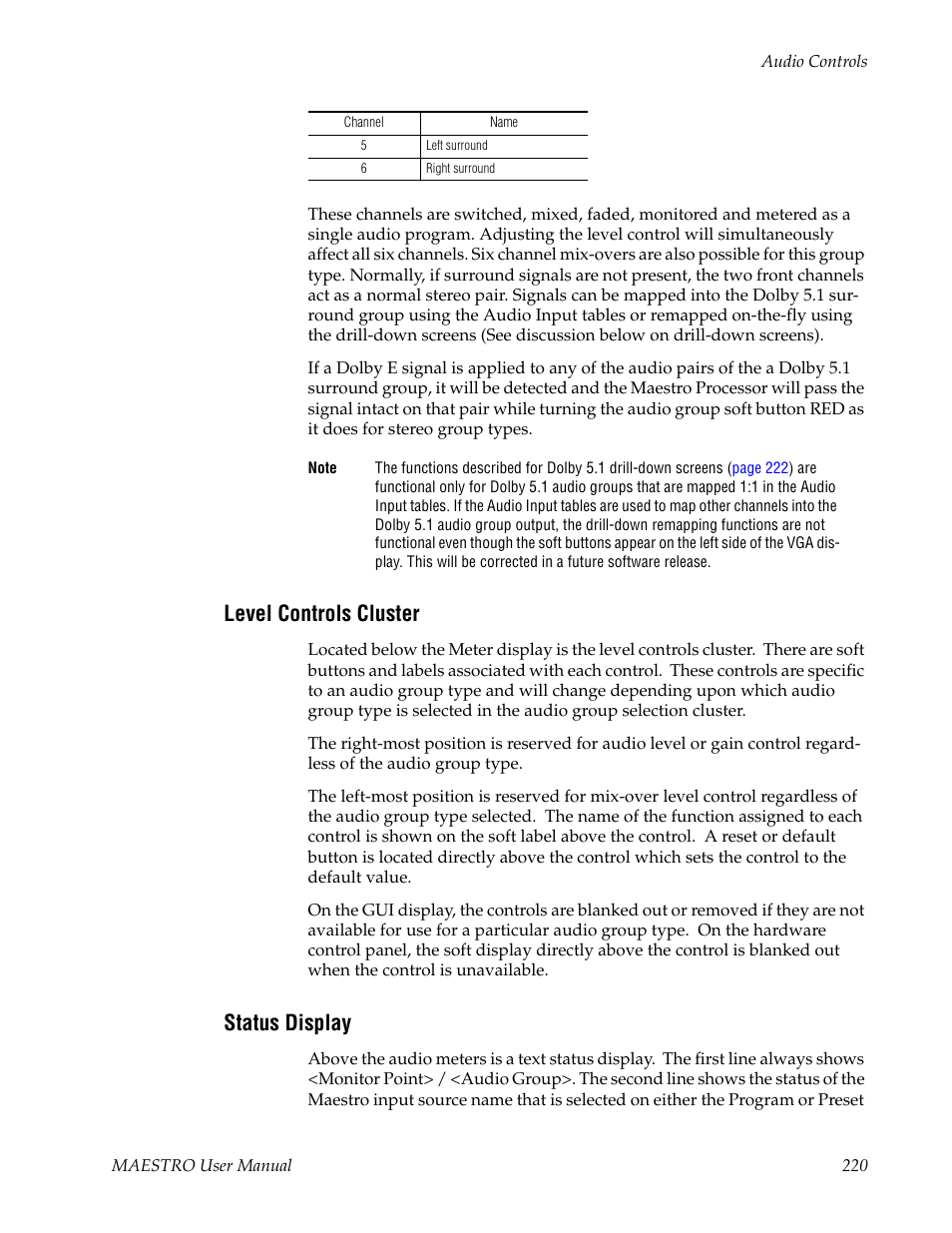 Level controls cluster, Status display | Grass Valley Maestro Master Control v.2.4.0 User Manual | Page 224 / 455