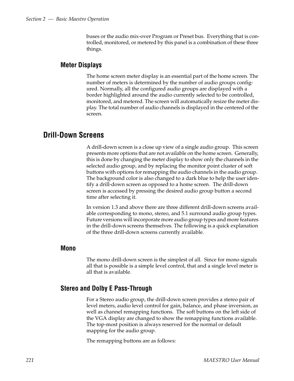 Meter displays, Drill-down screens, Mono | Stereo and dolby e pass-through | Grass Valley Maestro Master Control v.2.4.0 User Manual | Page 225 / 455
